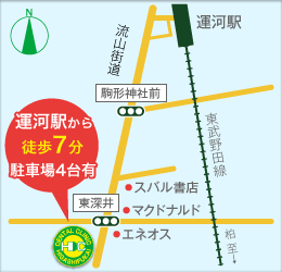 アクセスマップ 流山 東深井の東深井デンタルクリニック 運河駅 徒歩7分 駐車場4台有り